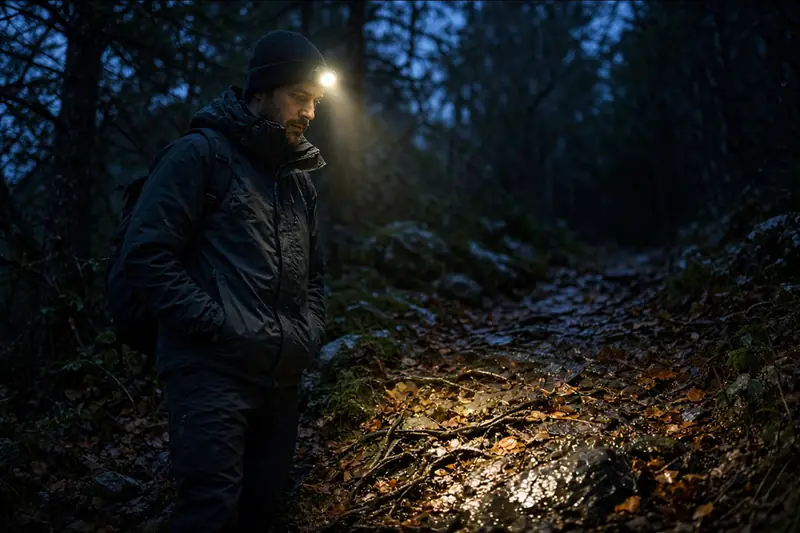 Vandrare med pannlampa på blöt stig i mörk skog